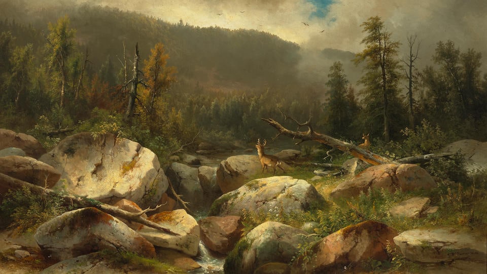 Carl August Sommer (German/American, 1829-1894) An alert stag and deer in the mountains 26 1/4 x... (1 of 2)