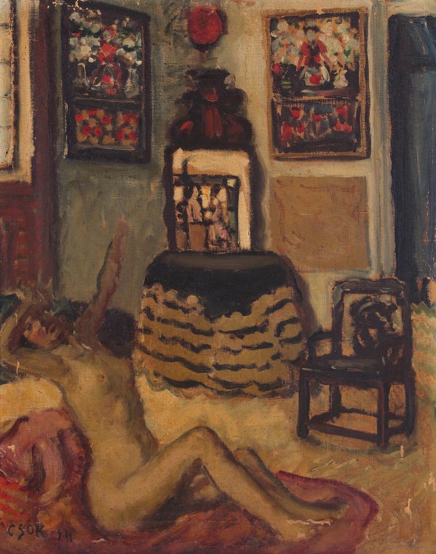 István Csók (Hungarian, 1865-1961) Seated nude in an interior 24 3/4 x 19 3/4in (63 x ...: István Csók (Hungarian, 1865-1961) Seated nude in an interior signed and dated 'CSOK 911' (lower left) oil on canvas 24 3/4 x 19 3/4in (63 x 50cm) Footnotes: Condition reports are not provid