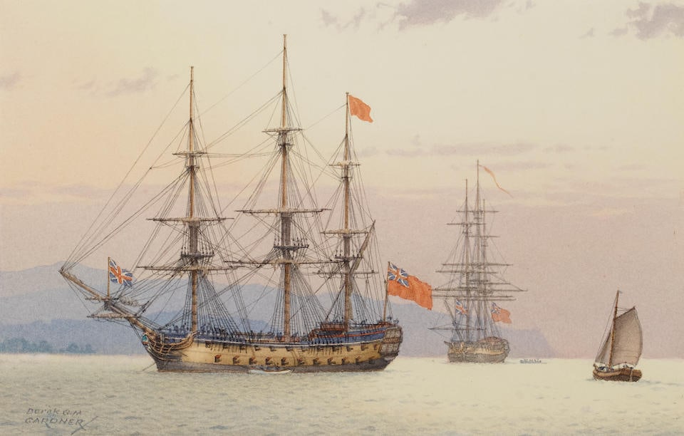 Derek George Montague Gardner (British, 1914-2007) His Britannic Majesty's 64-Gun Ship 'Agamemno...: Derek George Montague Gardner (British, 1914-2007) His Britannic Majesty's 64-Gun Ship 'Agamemnon' signed 'Derek G. M / Gardner/.' (lower left) watercolor on paper 9 x 12 3/4in (23 x 32.5cm) (sight) F