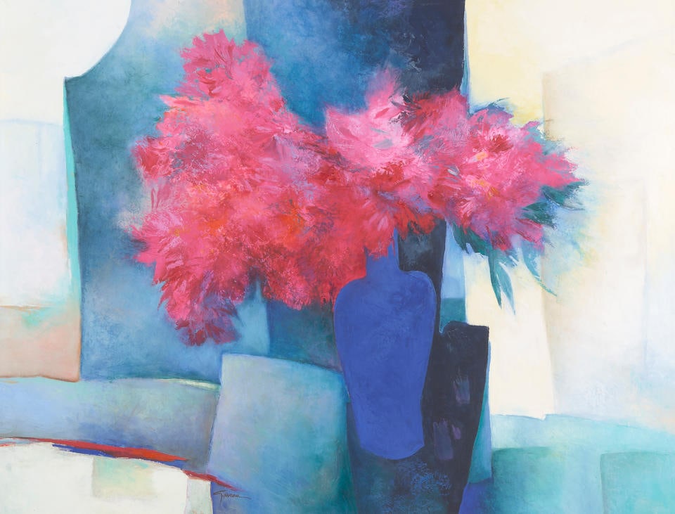 Claude Gaveau (French, born 1940) Pink flowers in a blue vase 35 3/4 x 46in (90.8 x 116.8cm): Claude Gaveau (French, born 1940) Pink flowers in a blue vase signed 'Gaveau' (lower middle) oil on canvas 35 3/4 x 46in (90.8 x 116.8cm) Footnotes: Provenance Wally Findlay Galleries Condition report