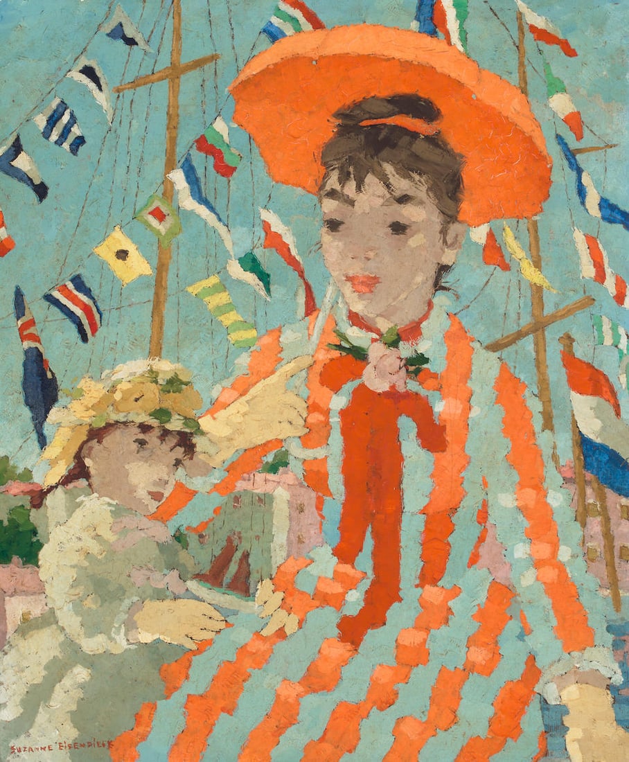 Suzanne Eisendieck (German, 1908-1998) Fête au port 21 3/4in x 18 1/2in (55.2 x 47cm): Suzanne Eisendieck (German, 1908-1998) Fête au port signed 'SUZANNE EISENDIECK' (lower left); and titled (on the verso) oil on canvas 21 3/4in x 18 1/2in (55.2 x 47cm) For further information on