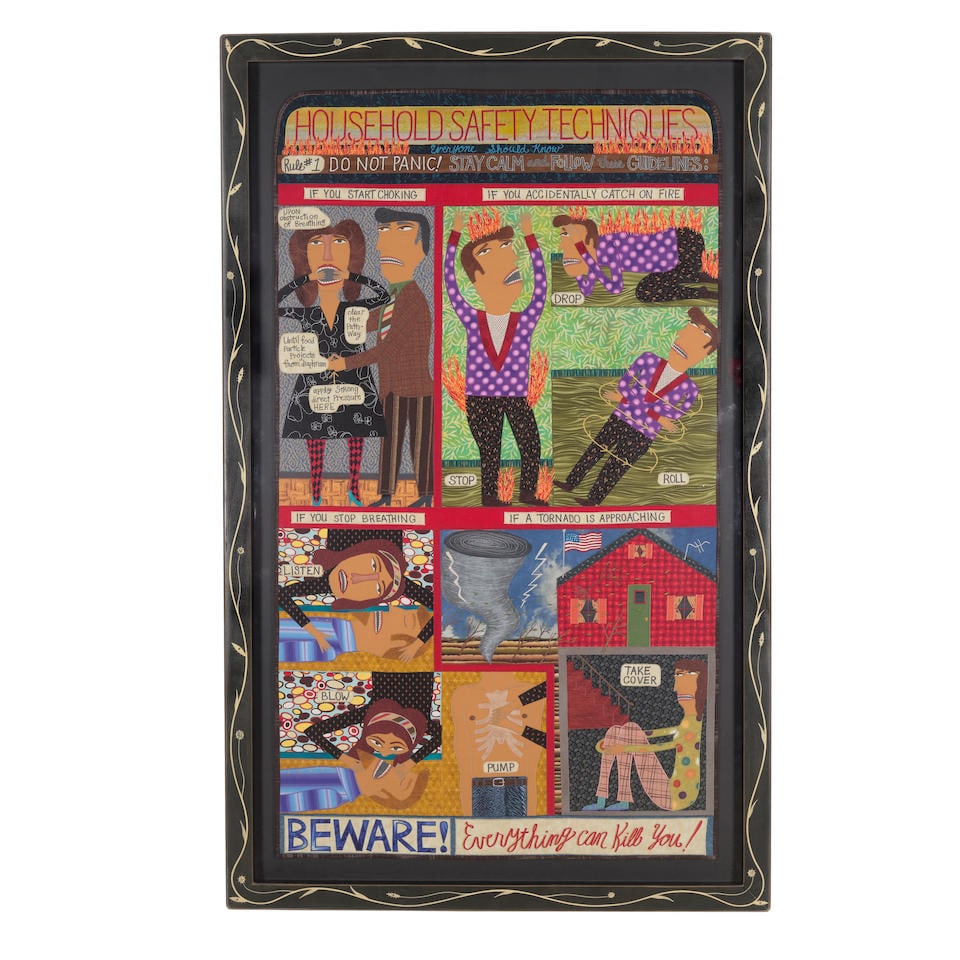 Chris Roberts-Antieau (American, born 1951) Household safety techniques 50 x 28in (127 x 71.1cm): Chris Roberts-Antieau (American, born 1951) Household safety techniques unsigned mixed textile with artist painted frame 50 x 28in (127 x 71.1cm) Footnotes: Chris Roberts-Antieau is a contemporary art