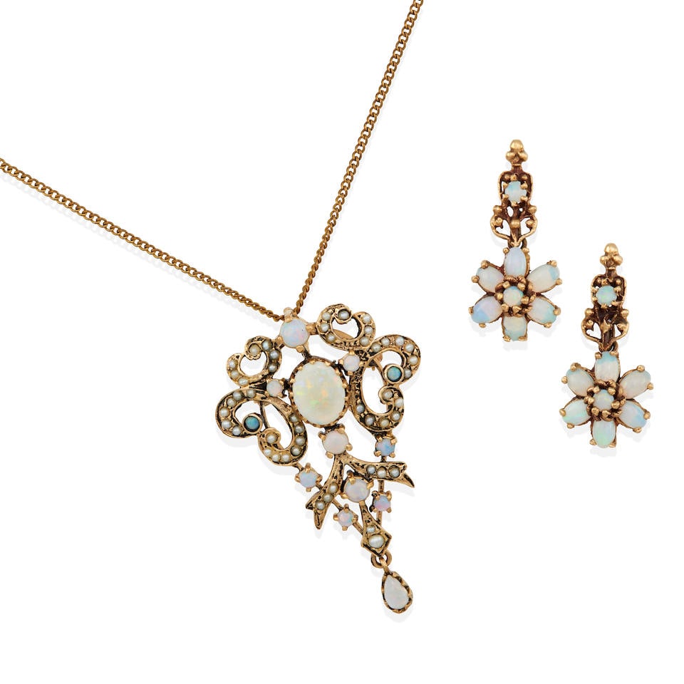 14K GOLD, OPAL AND PEARL EARRINGS AND NECKLACE (1 of 2)