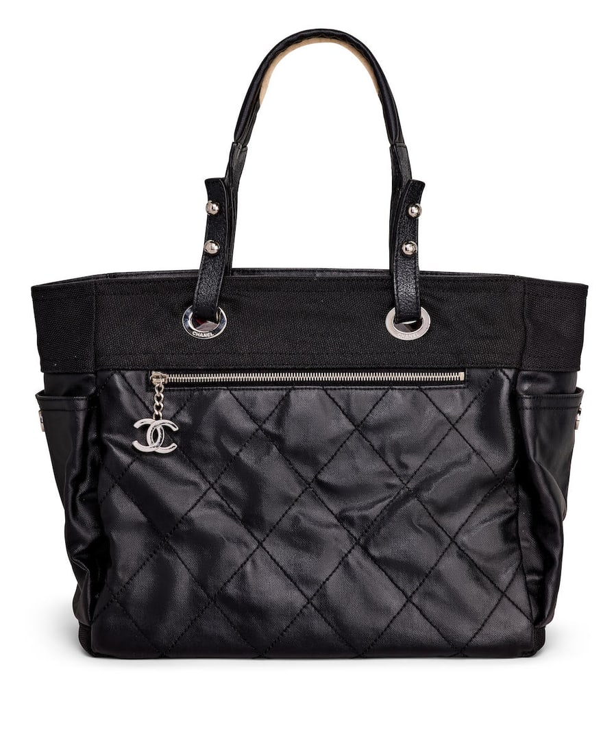 CHANEL: BLACK QUILTED CALFSKIN AND CANVAS CHANEL PARIS BIARRITZ CC MARK CHARM TOTE BAG 2008-2009...: CHANEL: BLACK QUILTED CALFSKIN AND CANVAS CHANEL PARIS BIARRITZ CC MARK CHARM TOTE BAG 2008-2009 Dimensions: W32 x H29 x D14.5cm Includes serial sticker, no authenticity card Footnotes: 香࣭