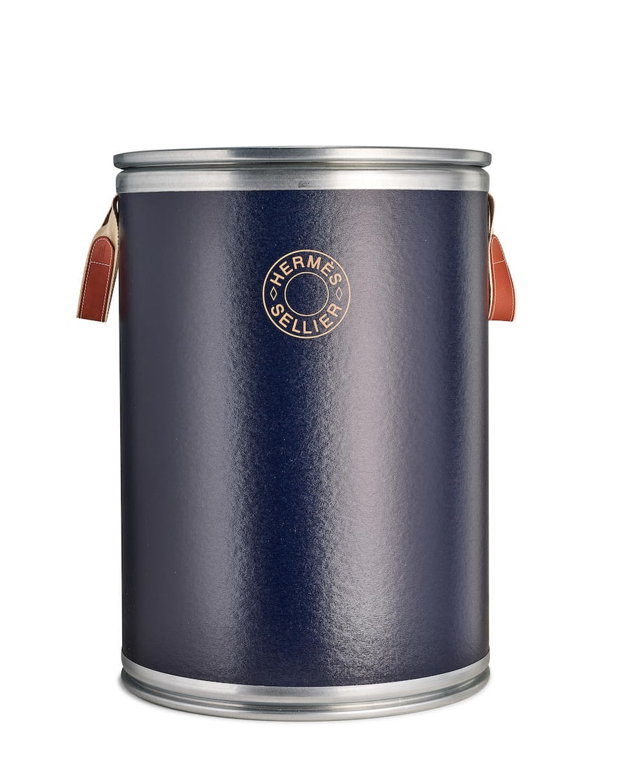 [NO RESERVE] HERMÈS: BLUE CARDBOARD COVERED WITH KRAFT AND  SILVER DRUM SADDLE BOX (1 of 1)
