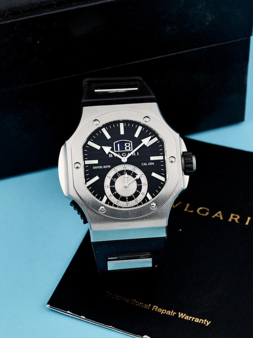 BVLGARI | ENDURER CHRONOSPRINT, REF.BRE 56 S CHS, A STAINLESS STEEL SINGLE BUTTON FLYBACK CHRONO...: BVLGARI | ENDURER CHRONOSPRINT, REF.BRE 56 S CHS, A STAINLESS STEEL SINGLE BUTTON FLYBACK CHRONOSPRINT WRISTWATCH WITH DIGITAL DATE, MADE IN COLLABORATION WITH DANIEL ROTH, CIRCA 2015 Case No: DN 2454