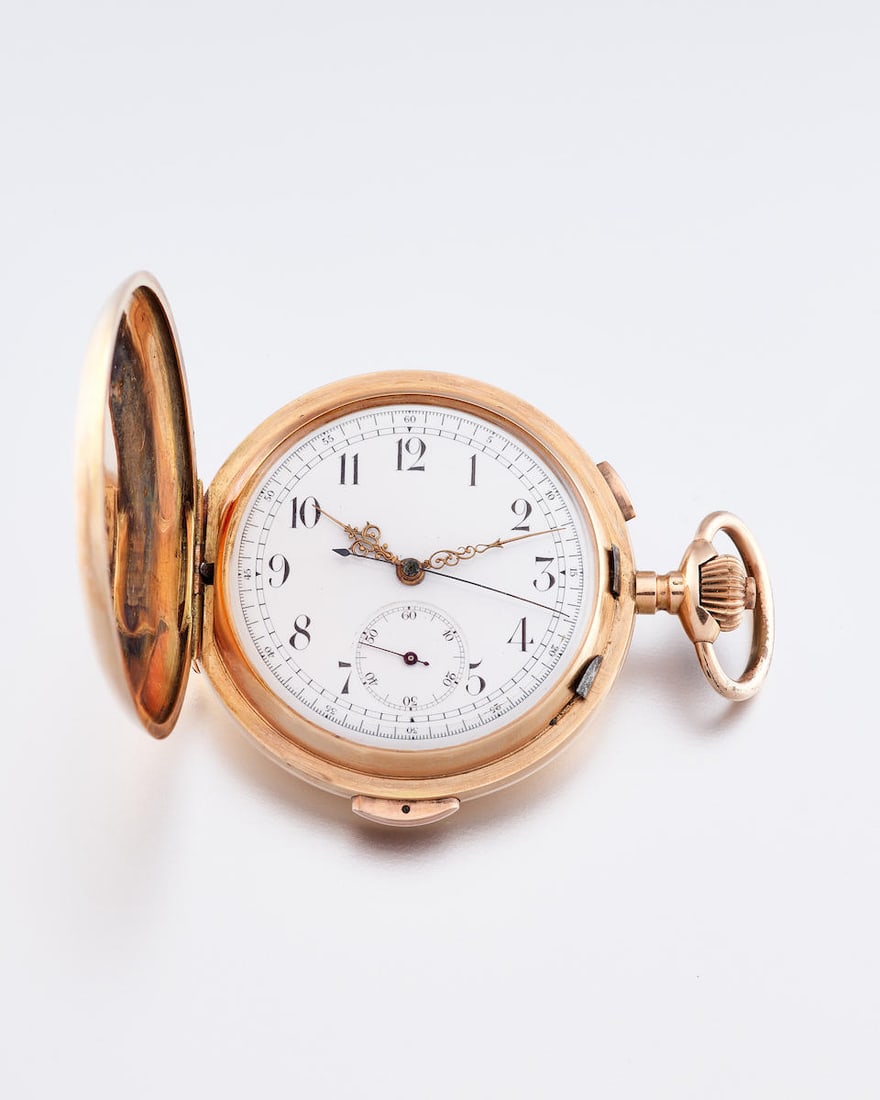 [NO RESERVE] INVICTA | A 14K PINK GOLD KEYLESS HUNTER CASE QUARTER REPEATING SINGLE BUTTON CHRON...: [NO RESERVE] INVICTA | A 14K PINK GOLD KEYLESS HUNTER CASE QUARTER REPEATING SINGLE BUTTON CHRONOGRAPH POCKET WATCH, CIRCA 1890 Case No: 408250 Calibre: Keyless manual Dial: White enamel Case: 55mm, 1