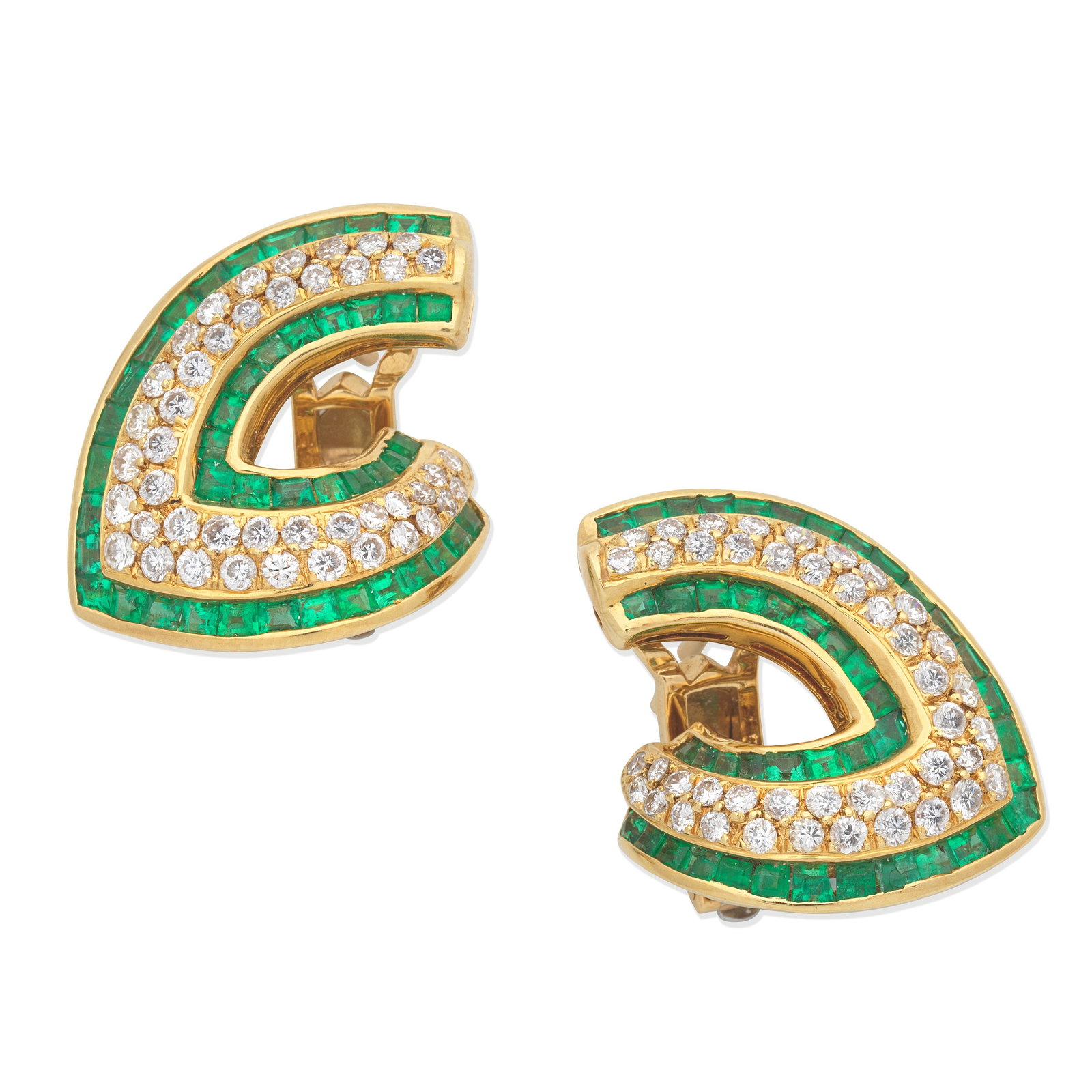BUCHERER: EMERALD AND DIAMOND EARRINGS: BUCHERER: EMERALD AND DIAMOND EARRINGS Pavé-set with brilliant-cut diamonds, between rows of calibré-cut emeralds, signed CB, diamonds approx. 1.25cts total, length 2.5cm, maker's case