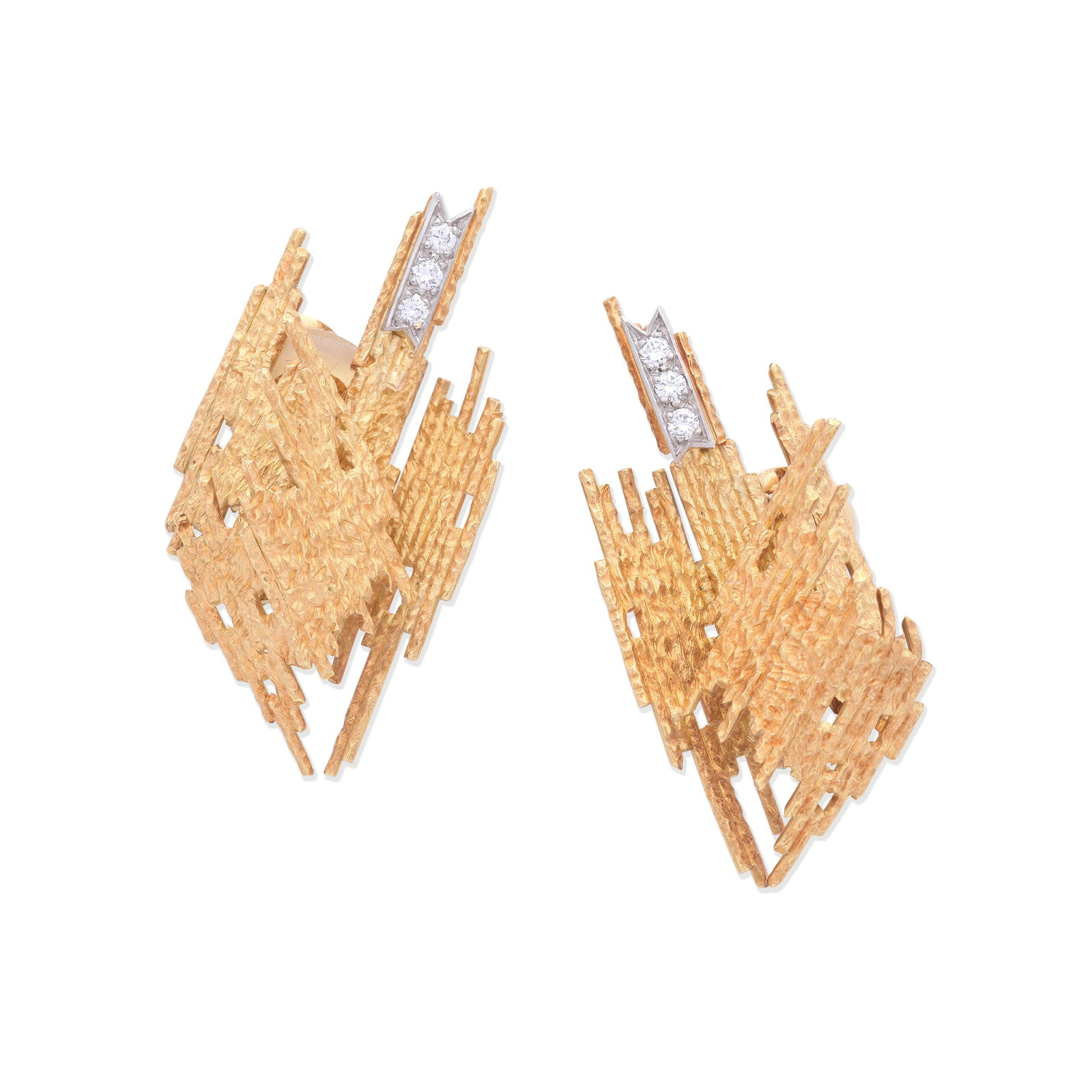 GRIMA: GOLD AND DIAMOND EARCLIPS,: GRIMA: GOLD AND DIAMOND EARCLIPS, 1973 Of abstract design, the textured wirework batons accented with brilliant-cut diamonds, mounted in 18 carat gold, signed Grima, maker's mark AGLtd, London hallmar