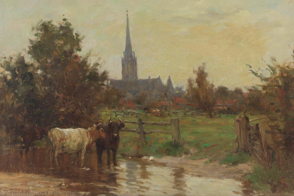 Terrick John Williams, RA (British, 1860-1936) Cattle outside Salisbury Cathedral: Terrick John Williams, RA (British, 1860-1936) Cattle outside Salisbury Cathedral signed and dated 'Terrick Williams/96' (lower left) oil on canvas 31 x 46cm (12 3/16 x 18 1/8in). For further informat