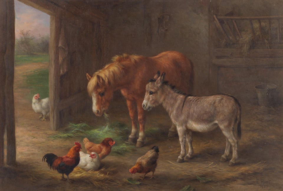 Edgar Hunt (British, 1876-1955) Tea time on the farm: Edgar Hunt (British, 1876-1955) Tea time on the farm signed and dated 'E Hunt/1935' (lower right) oil on canvas 28 x 41cm (11 x 16 1/8in). This lot is subject to the following lot symbols: AR AR Goods