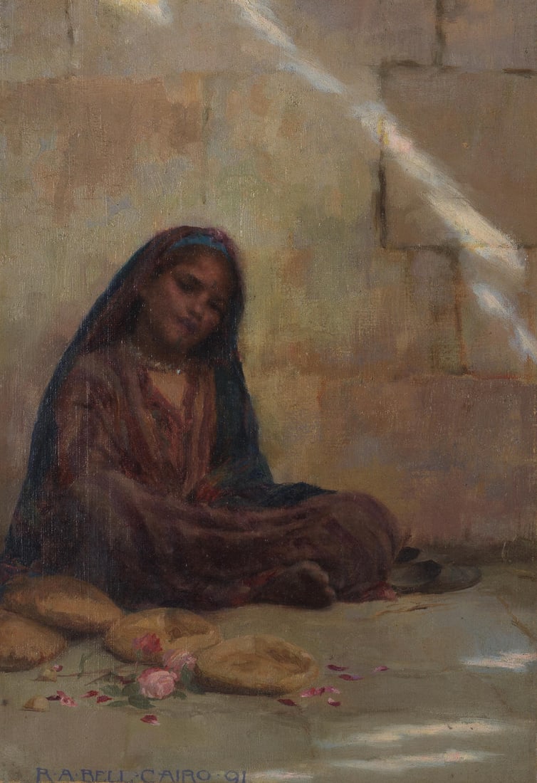 Robert Anning Bell, RA (British, 1863-1933) Portrait of a young girl in Cairo: Robert Anning Bell, RA (British, 1863-1933) Portrait of a young girl in Cairo signed, inscribed and dated 'R.A.BELL.CAIRO.91' (lower left) oil on canvas, unstretched 36 x 24cm (14 1/8 x 9 7/16in). Foo