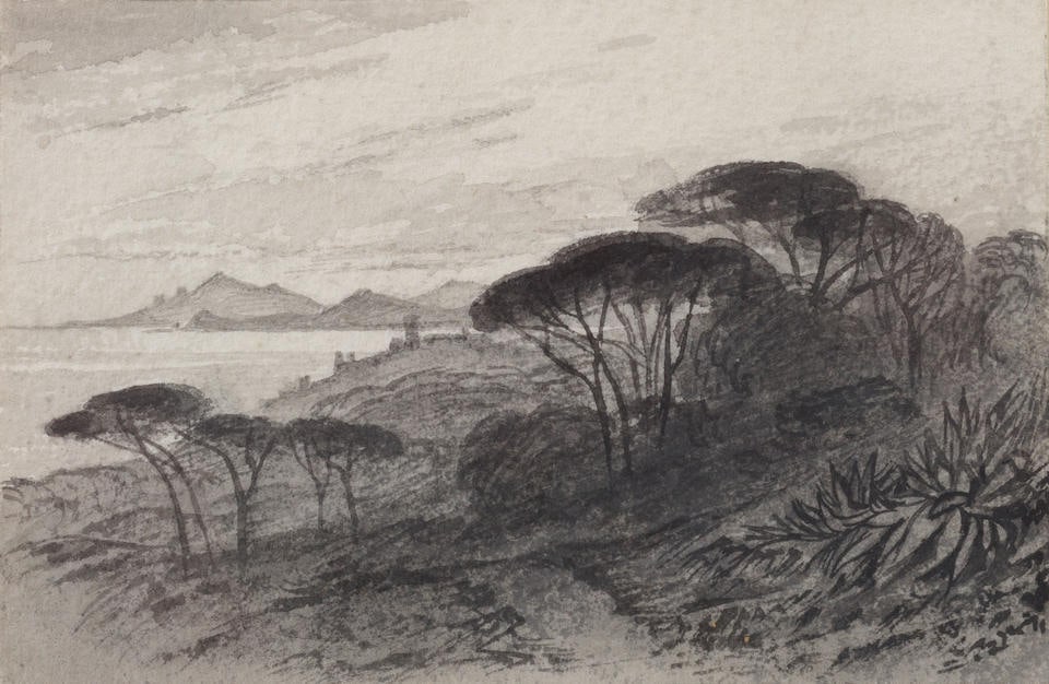 Edward Lear (British, 1812-1888) Cannes: Edward Lear (British, 1812-1888) Cannes inscribed 'the day/was sloping toward his western bower (Mariana) Cannes/France' (on part of the original mount, affixed to the reverse) grey wash over pencil 1
