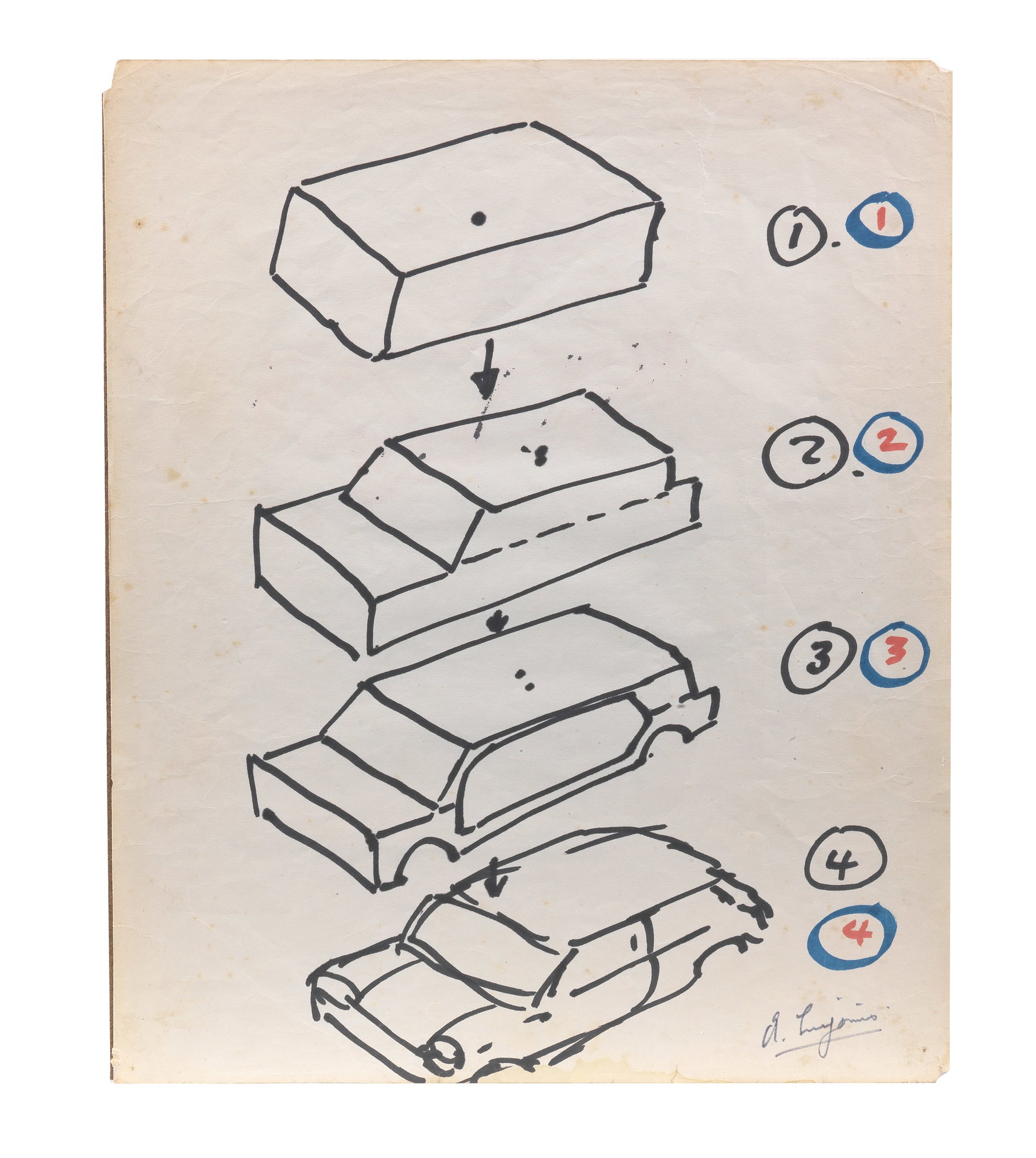 Sir Alec Issigonis (1906-1988) Mini Minor an original sketch concept drawing ((3)): Sir Alec Issigonis (1906-1988) Mini Minor an original sketch concept drawing signed in blue ink 'A Issigonis', undated, depicting a four-stage transition design from 'box to a mini', black felt-tip pe