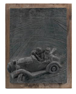 Frederick Gordon Crosby (British, 1885-1943), 'Le long chemin du retour',: Frederick Gordon Crosby (British, 1885-1943), 'Le long chemin du retour', signed, bronze cast in relief, depicting Crosby at the wheel of an open tourer with a hapless passenger as they weave their wa