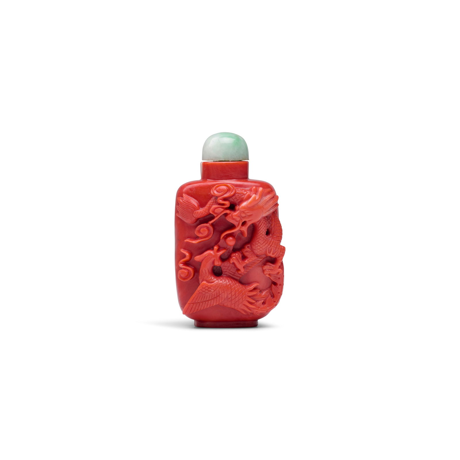 A SMALL ROUNDED RECTANGULAR CORAL SNUFF BOTTLE Chinese or Japanese, 1880-1920 (1 of 2)