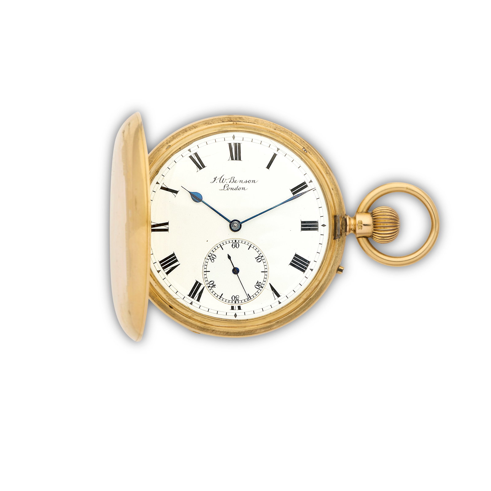 J.W Benson, 62 & 64 Ludgate Hill, London. An 18K gold keyless wind full hunter pocket watch Lond...: J.W Benson, 62 & 64 Ludgate Hill, London. An 18K gold keyless wind full hunter pocket watch Date: London Hallmark for 1896 Movement: Gilt 3/4 plate English lever, cut and compensated bi-metallic balan
