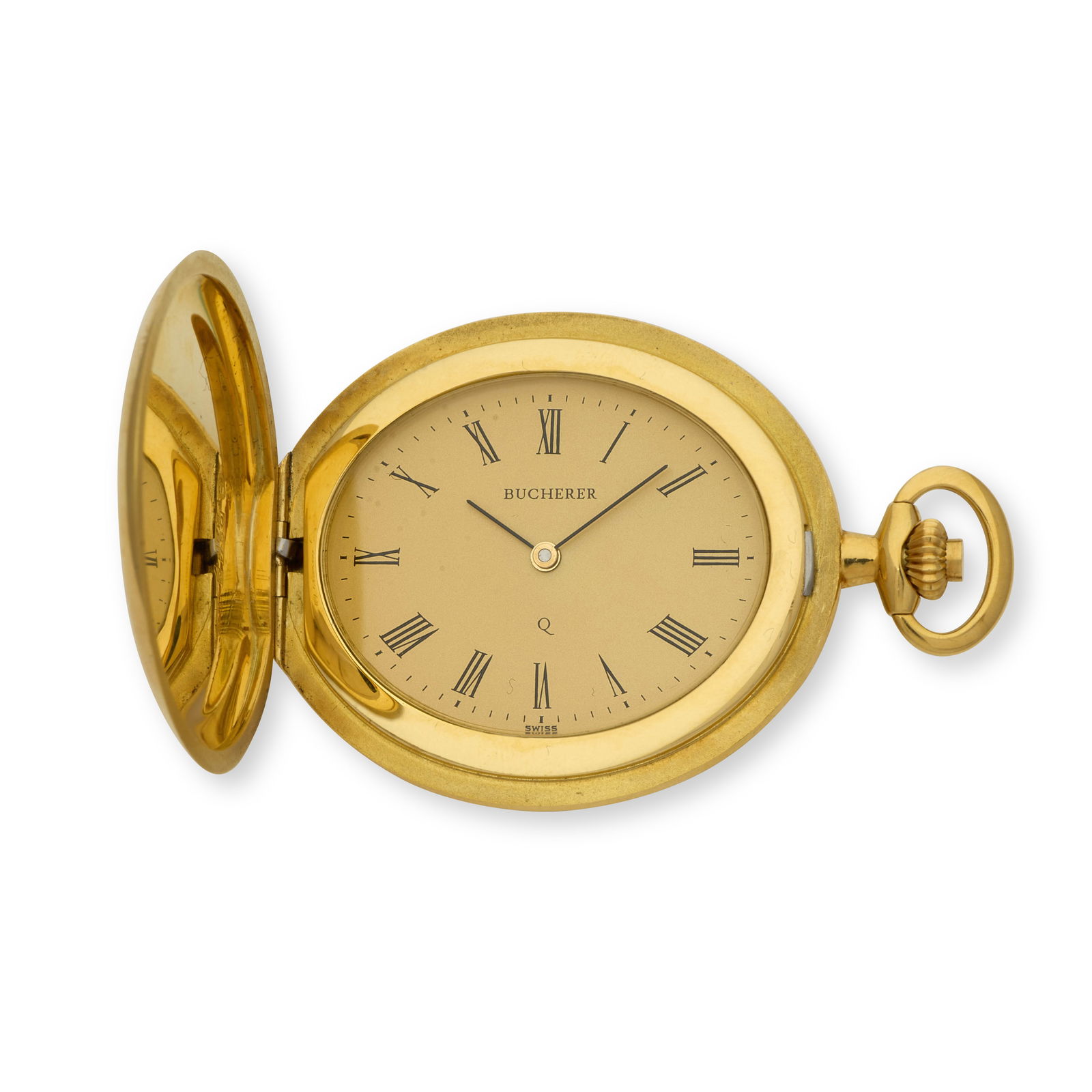 Bucherer. An 18K gold full hunter quartz pocket watch with 18K gold chain Circa 2000: Bucherer. An 18K gold full hunter quartz pocket watch with 18K gold chain Date: Circa 2000 Movement: Jewelled quartz Dial: Champagne, black Roman numeral hour markers, black outer minute divisions, bl