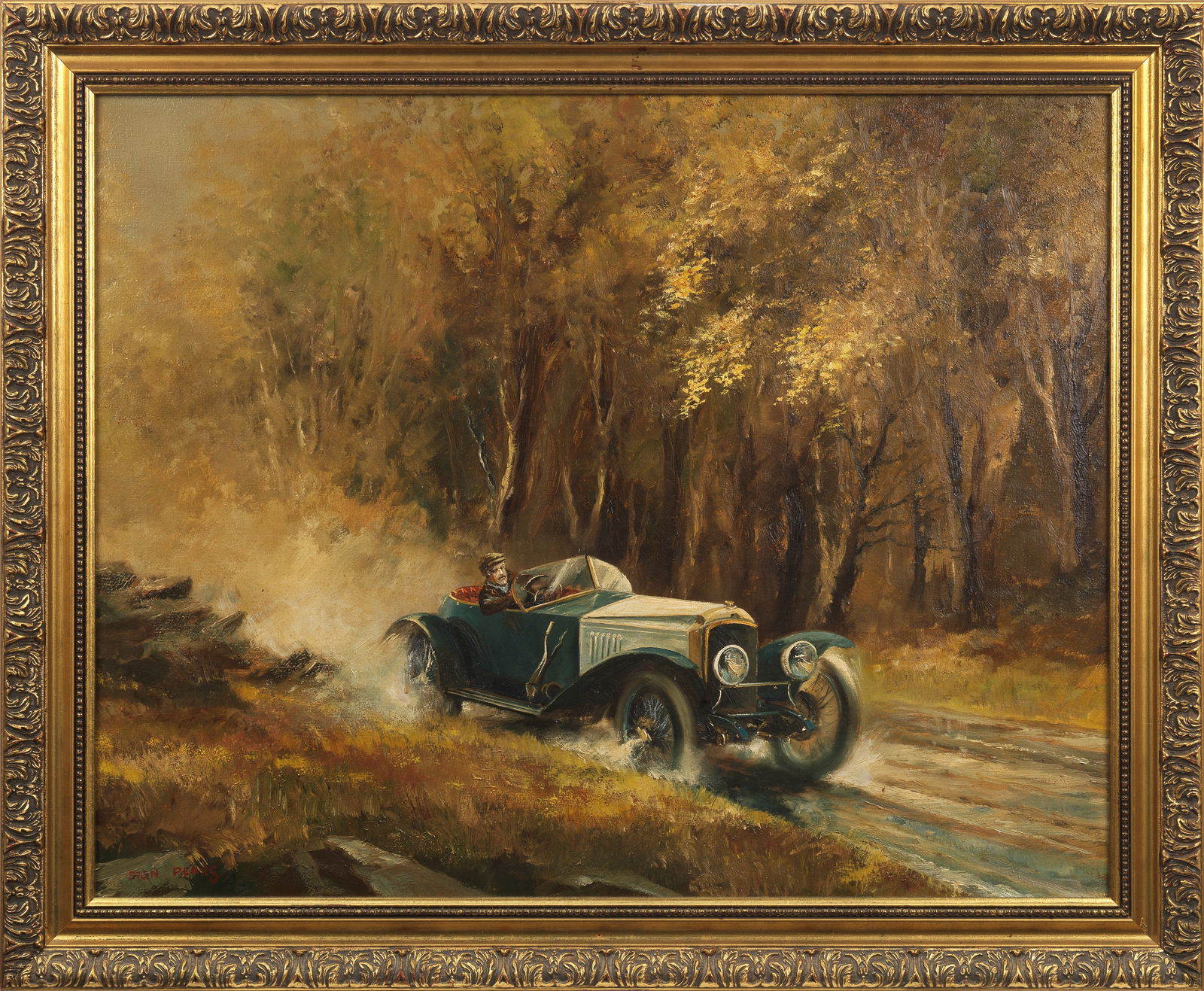 Dion Pears (British, 1929-1985); 'Vauxhall 30-98',: Dion Pears (British, 1929-1985); 'Vauxhall 30-98', signed lower left, acrylic on canvas depicting a Vauxhall 30-98 being driven in an autumnal scene, 60 x 75cm, framed. Lot to be sold without reserve.