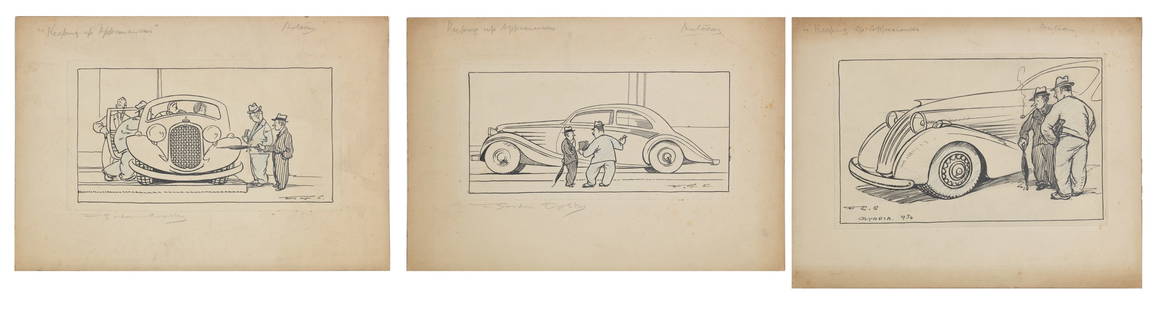 Frederick Gordon Crosby (British 1885-1943) 'Keeping Up Appearances - Olympia 1934',: Frederick Gordon Crosby (British 1885-1943) 'Keeping Up Appearances - Olympia 1934', three original pen and ink illustrations mounted on card for The Autocar, all initialled FGC, two signed in pencil