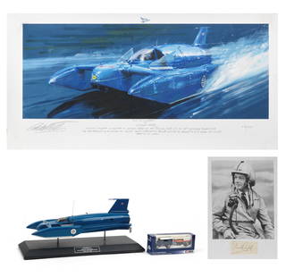 Donald Campbell and World Water Speed Record memorabilia,: Donald Campbell and World Water Speed Record memorabilia, comprising model of Bluebird K7, on a display stand, 37cm long overall (with original packing box, one Perspex deflector detached); 'K7 at Con