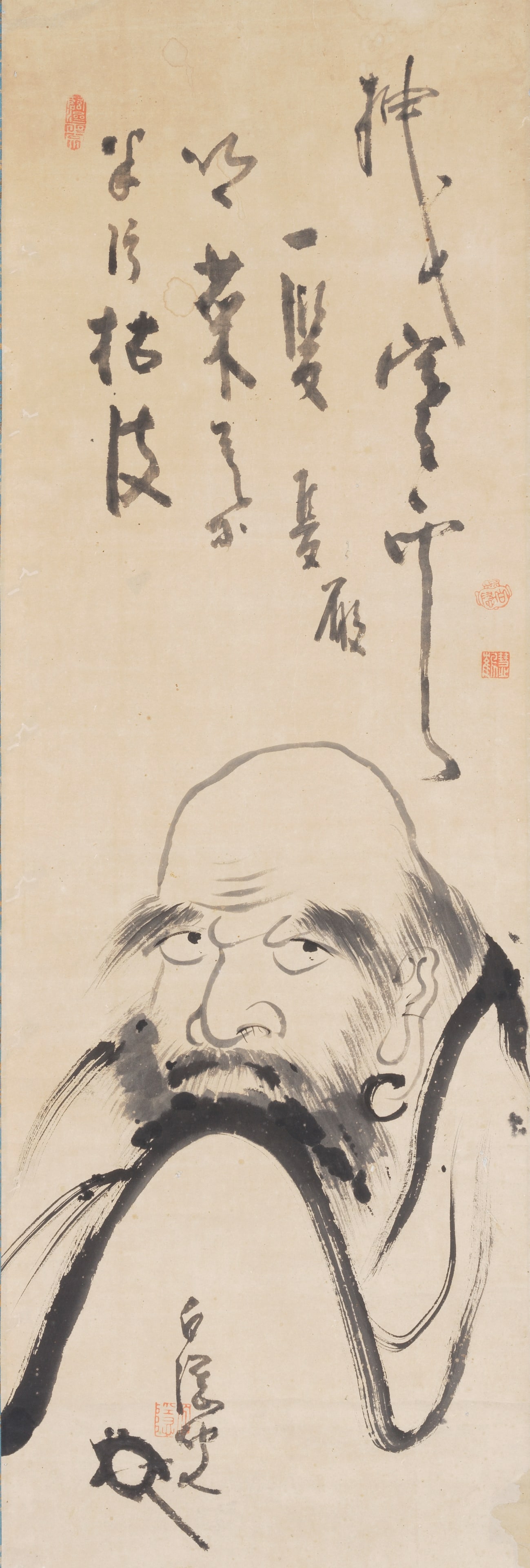 AFTER HAKUIN EKAKU (1686-1769) Daruma (Bodhidharma) Edo period (1615-1868), 18th/19th century: AFTER HAKUIN EKAKU (1686-1769) Daruma (Bodhidharma) Edo period (1615-1868), 18th/19th century A painting in ink on paper of the Buddhist patriarch, including a calligraphic inscription, signed Hakuin