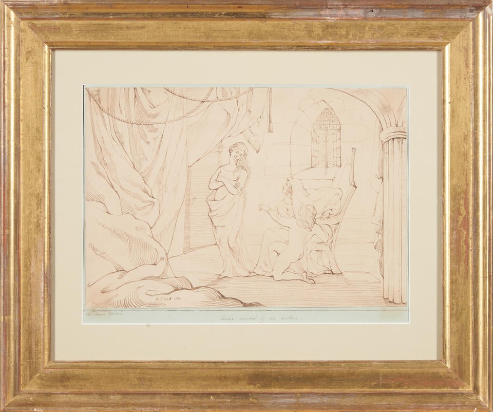 RAPHAEL LAMAR WEST (American, 1769-1850) The Brown Rosarie: Lenora Accused by Her Brother, 1802 ...: RAPHAEL LAMAR WEST (American, 1769-1850) The Brown Rosarie: Lenora Accused by Her Brother, 1802 Signed 'R.L. West 1802' at l.l. Pen and ink on paper mounted on blue paper forming margin, in later glaz