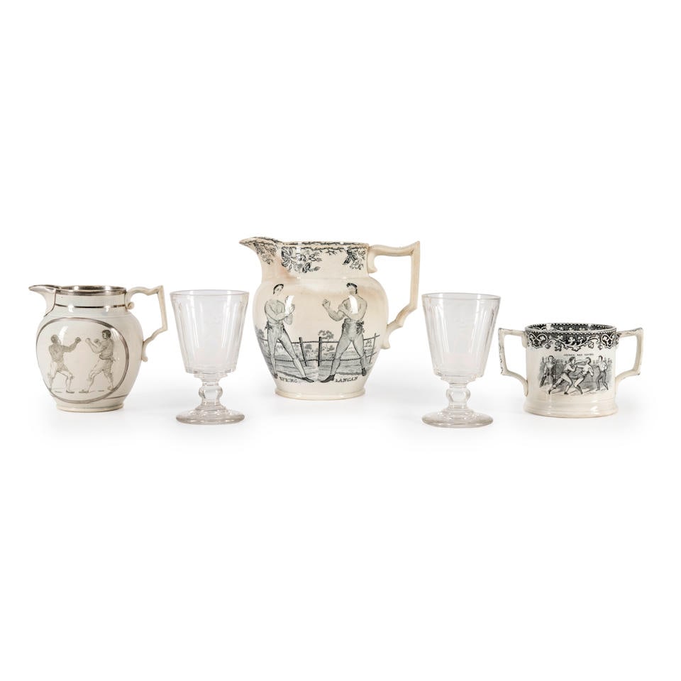 Collection of Pugilist-themed Transferware and Glass England, 19th century: Collection of Pugilist-themed Transferware and Glass England, 19th century The assembled group includes three ceramic items transfer-printed in black to depict bare-knuckle boxing matches on both side