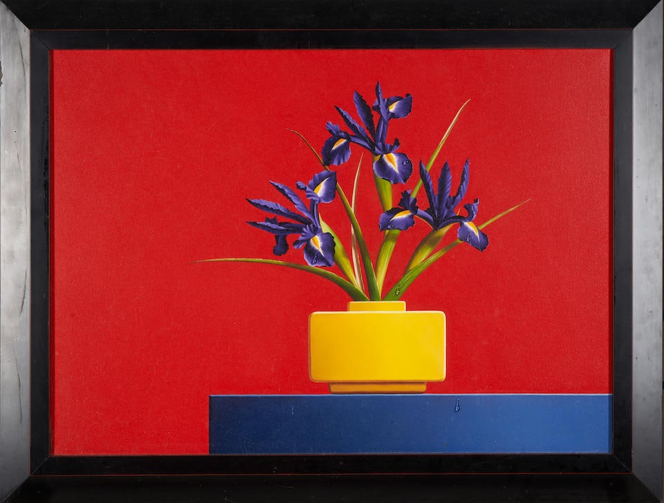 Otto Duecker (American, born 1948) Three Iris sight size 20 1/2 x 28 1/2, frame size 26 x 34 in....: Otto Duecker (American, born 1948) Three Iris Titled, dated, and signed (verso), oil on canvas, framed. sight size 20 1/2 x 28 1/2, frame size 26 x 34 in. Painted in 2002. Footnotes: Provenance J. Cac