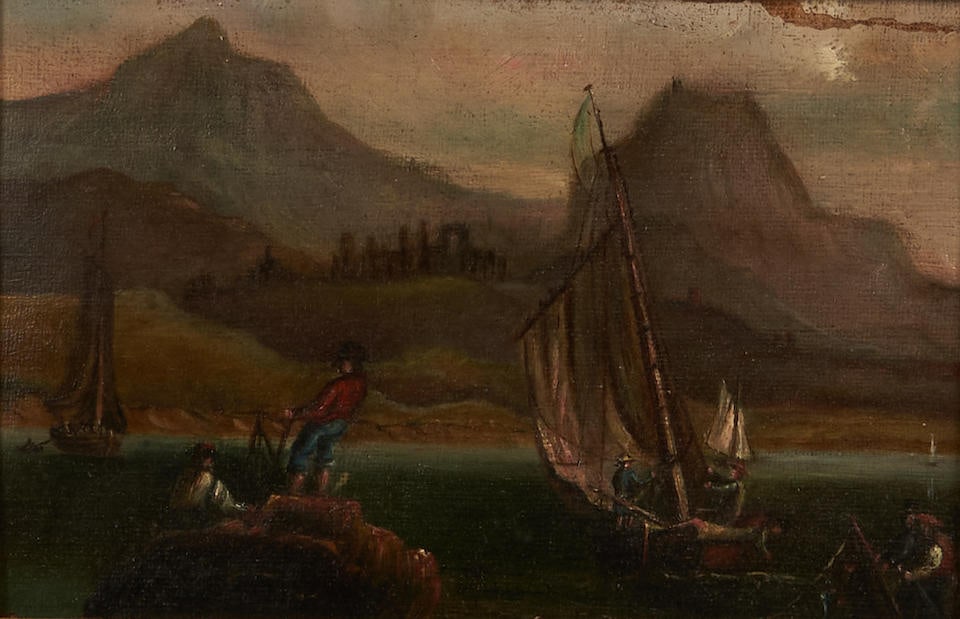 FOLLOWER OF ROBERT SALMON (BRITISH, 1775-1845) COASTAL VIEW WITH APPROACHING VESSEL AND FISHERMA...: FOLLOWER OF ROBERT SALMON (BRITISH, 1775-1845) COASTAL VIEW WITH APPROACHING VESSEL AND FISHERMAN TENDING NETS Unsigned. Oil on canvas, framed. 4 1/4' x 6 1/2' sight size, 13' x 15 1/4' framed size. F