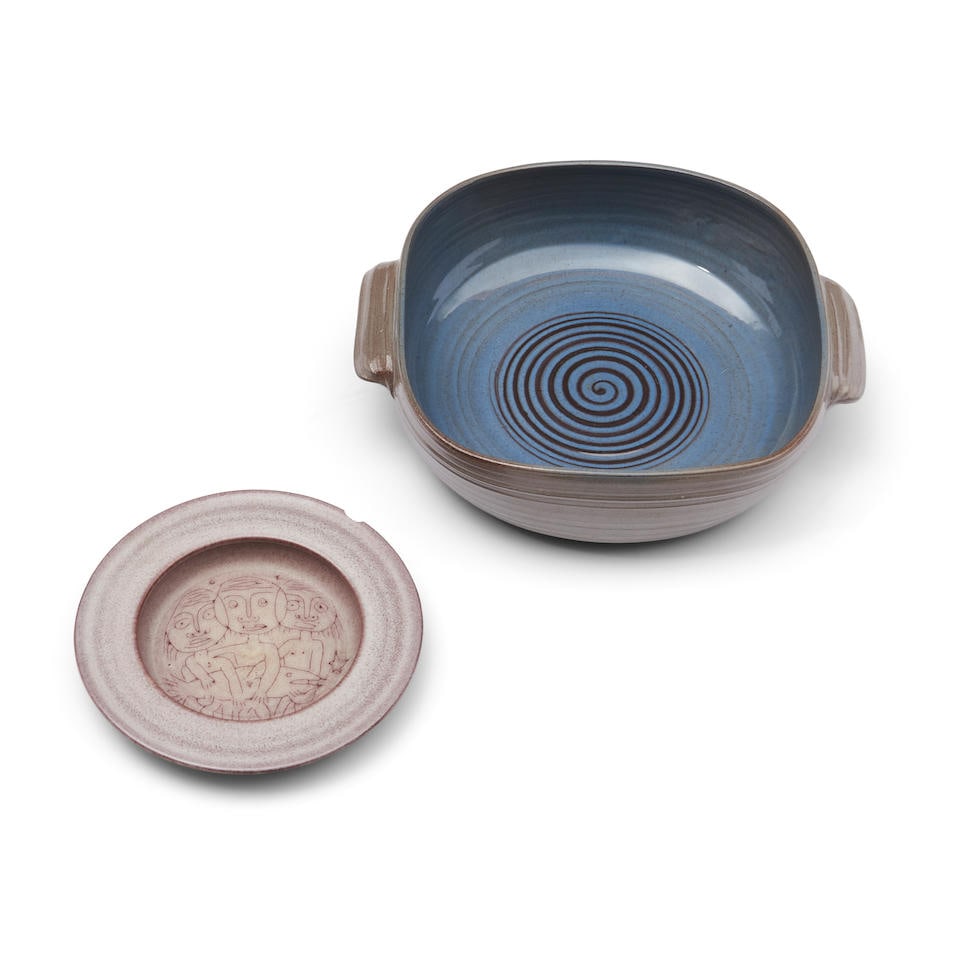 EDWIN AND MARY SCHEIER STUDIO POTTERY CASSEROLE AND SHALLOW DISHDurham, New Hampshire, c. 1950,: EDWIN AND MARY SCHEIER STUDIO POTTERY CASSEROLE AND SHALLOW DISH Durham, New Hampshire, c. 1950, both with incised signatures, casserole lg. handle-to-handle 12, dish decorated with incised figures an