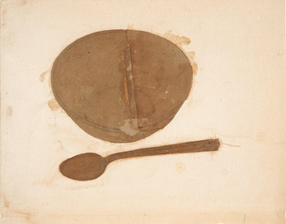 Lance Letscher (Born 1962) Bowl and Spoon 10' x 12 1/2' sight size, 17 3/4' x 20 5/8' frame size.: Lance Letscher (Born 1962) Bowl and Spoon Identified on a label affixed to the verso, cardboard collage on paper, framed. 10' x 12 1/2' sight size, 17 3/4' x 20 5/8' frame size. Footnotes: Provenance