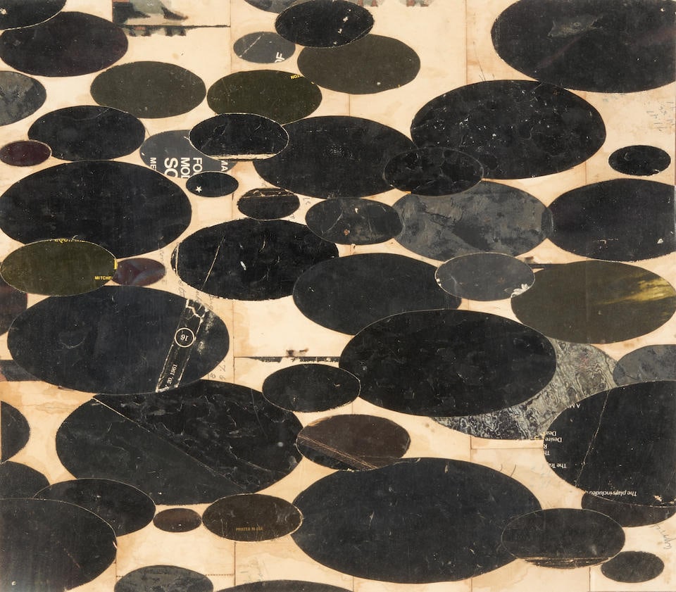 Lance Letscher (Born 1962) 16 sight size 16 x 14, frame size 24 1/4 x 26 1/4 in. (Painted in 2...: Lance Letscher (Born 1962) 16 signed in pencil on the reverse of the rag paper backing sheet of the collage, mixed media collage on Masonite, framed. sight size 16 x 14, frame size 24 1/4 x 26 1/4 in.