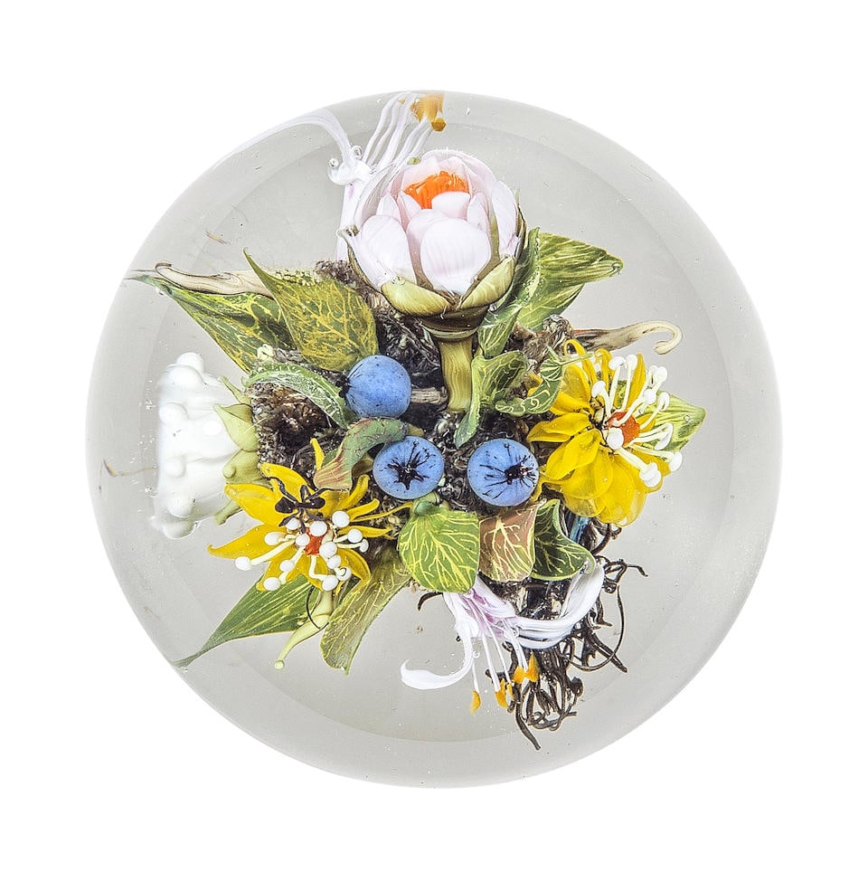 A Paul Stankard botanical bouquet paperweight, dated 2000: A Paul Stankard botanical bouquet paperweight, dated 2000 The mossy root system incorporating the word canes 'DEW', 'SEEDS' and 'DEW' among leaves and a profusion of different flowers including mounta