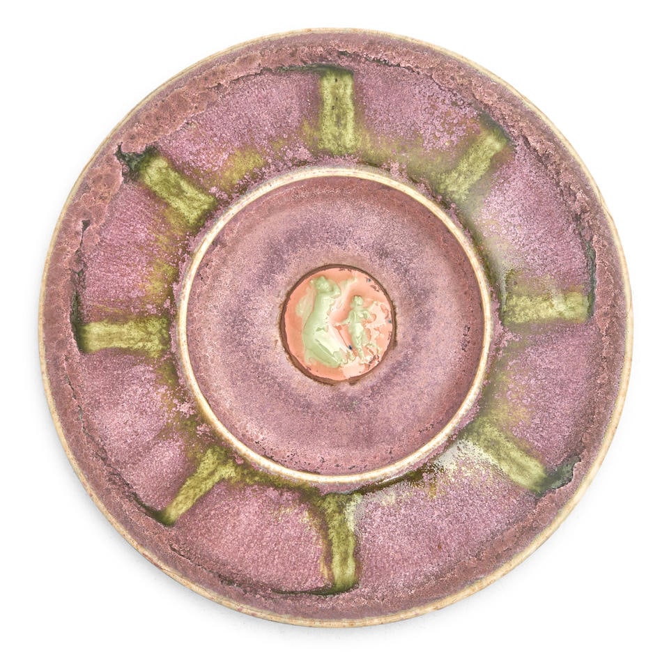 Sevres Taxile Doat Decorated Porcelain Plaque, France, 1901,: Sevres Taxile Doat Decorated Porcelain Plaque, France, 1901, green dashes to a purple ground with salmon colored central medallion and green pâte-sur-pâte figures of Cupid and Psyche, inscri