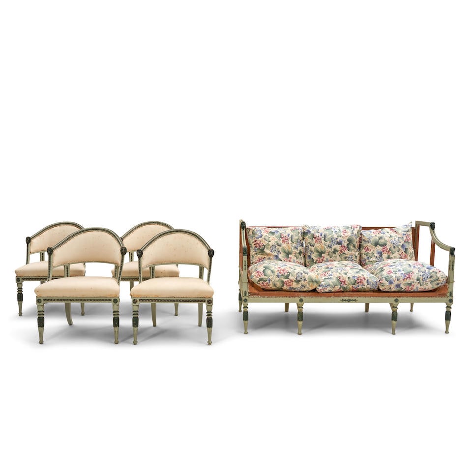 Set of Four Gustavian Green Painted Armchairs and a Sofa Frame, Sweden, 18th century, (1 of 3)