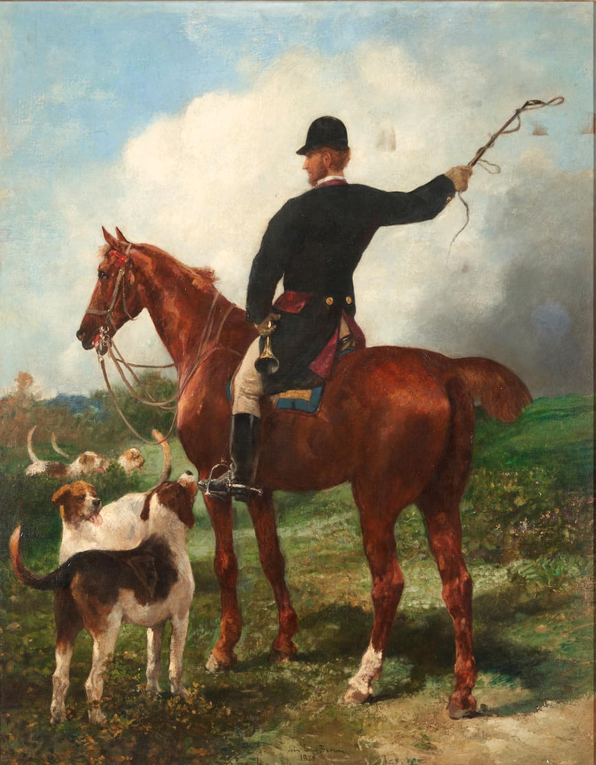 JOHN LEWIS BROWN (French, 1829-1890) A Huntsman with Hounds (framed 98.0 x 80.0 x 5.5 cm (38 1/2...: JOHN LEWIS BROWN (French, 1829-1890) A Huntsman with Hounds signed and dated 'John Lewis Brown / 1879' (lower center); inscribed '... Laffitte / ... YOR[K], 389 FIFTH ... / John Lewis No. 417 / Piqueu