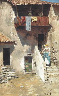 Rubens Santoro (Italian, 1859-1942) Washing day: Rubens Santoro (Italian, 1859-1942) Washing day signed 'Rubens Santoro' (lower right) oil on canvas 43.2 x 27.3cm (17 x 10 3/4in). Footnotes: Provenance Private collection, UK.
