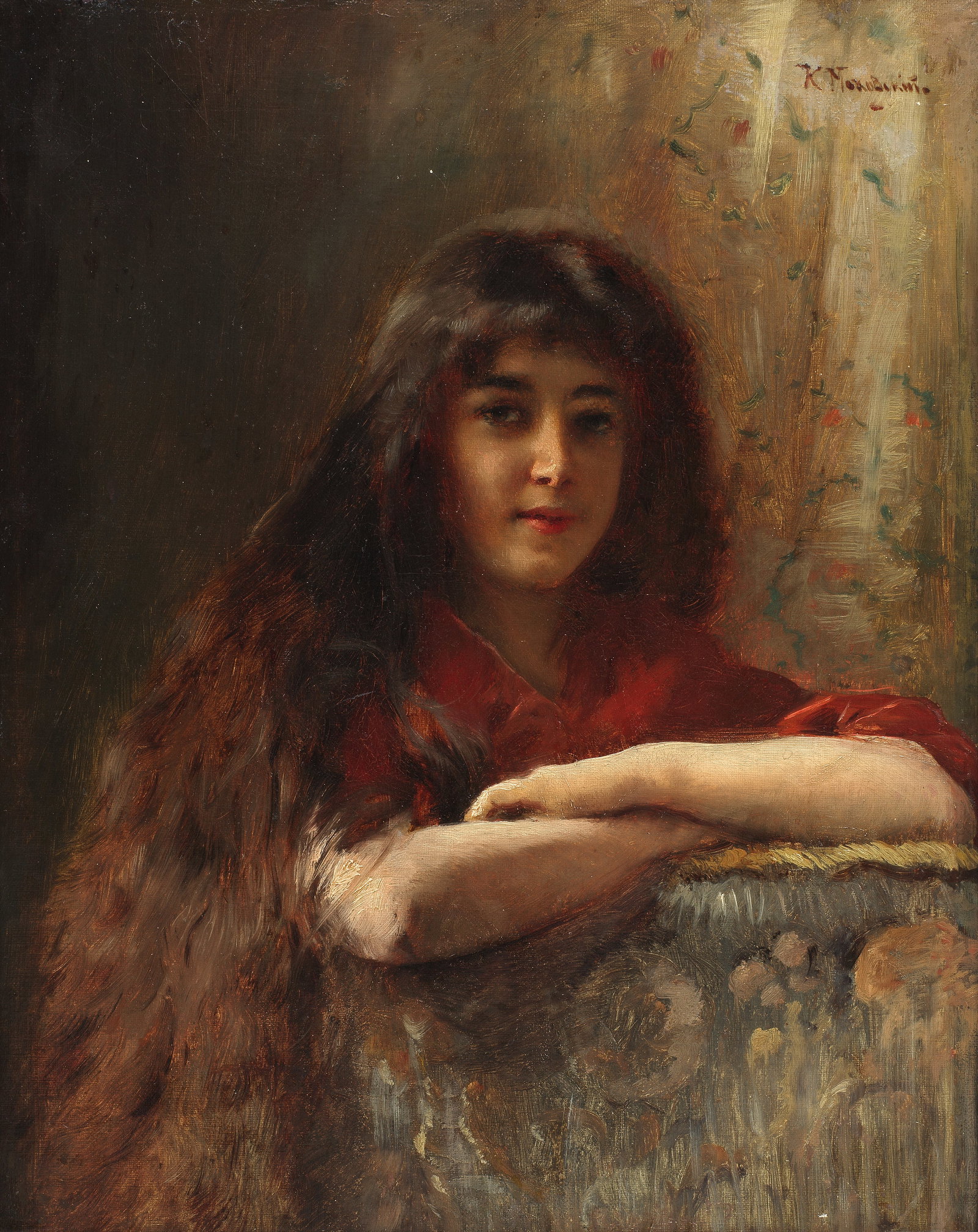 Konstantin Egorovich Makovsky (Russian, 1839-1915) Portrait of a young girl: Konstantin Egorovich Makovsky (Russian, 1839-1915) Portrait of a young girl signed in Cyrillic (upper right) oil on canvas 46.3 x 37.5 cm (18 1/4 x 14 3/4in). Footnotes: Provenance