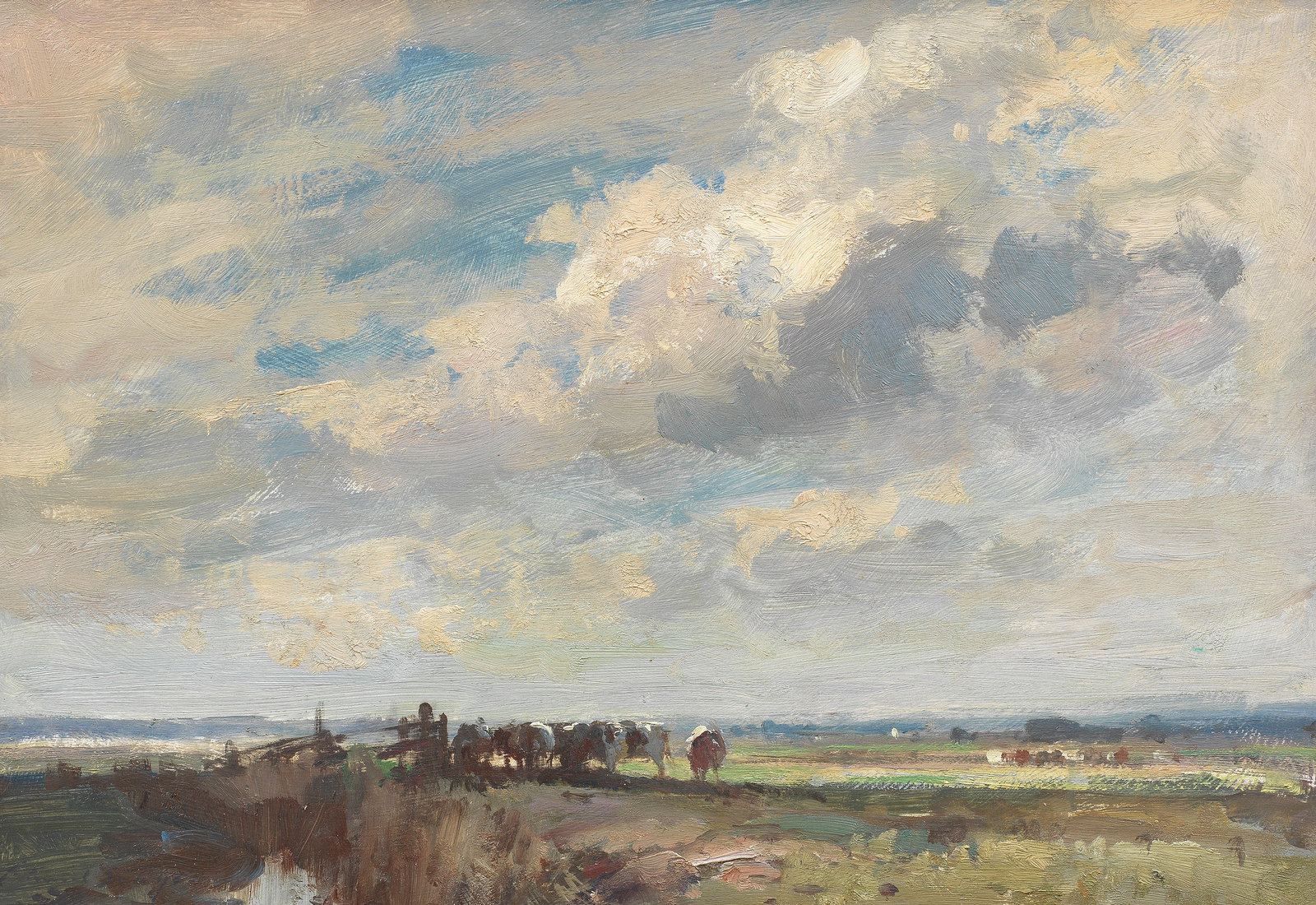 Edward Seago, RWS, RBA (British, 1910-1974) Cattle on Thurne Marshes, Norfolk: Edward Seago, RWS, RBA (British, 1910-1974) Cattle on Thurne Marshes, Norfolk signed 'Edward Seago' (lower left); inscribed with title (on the reverse) oil on board 36 x 51cm (14 3/16 x 20 1/16in).