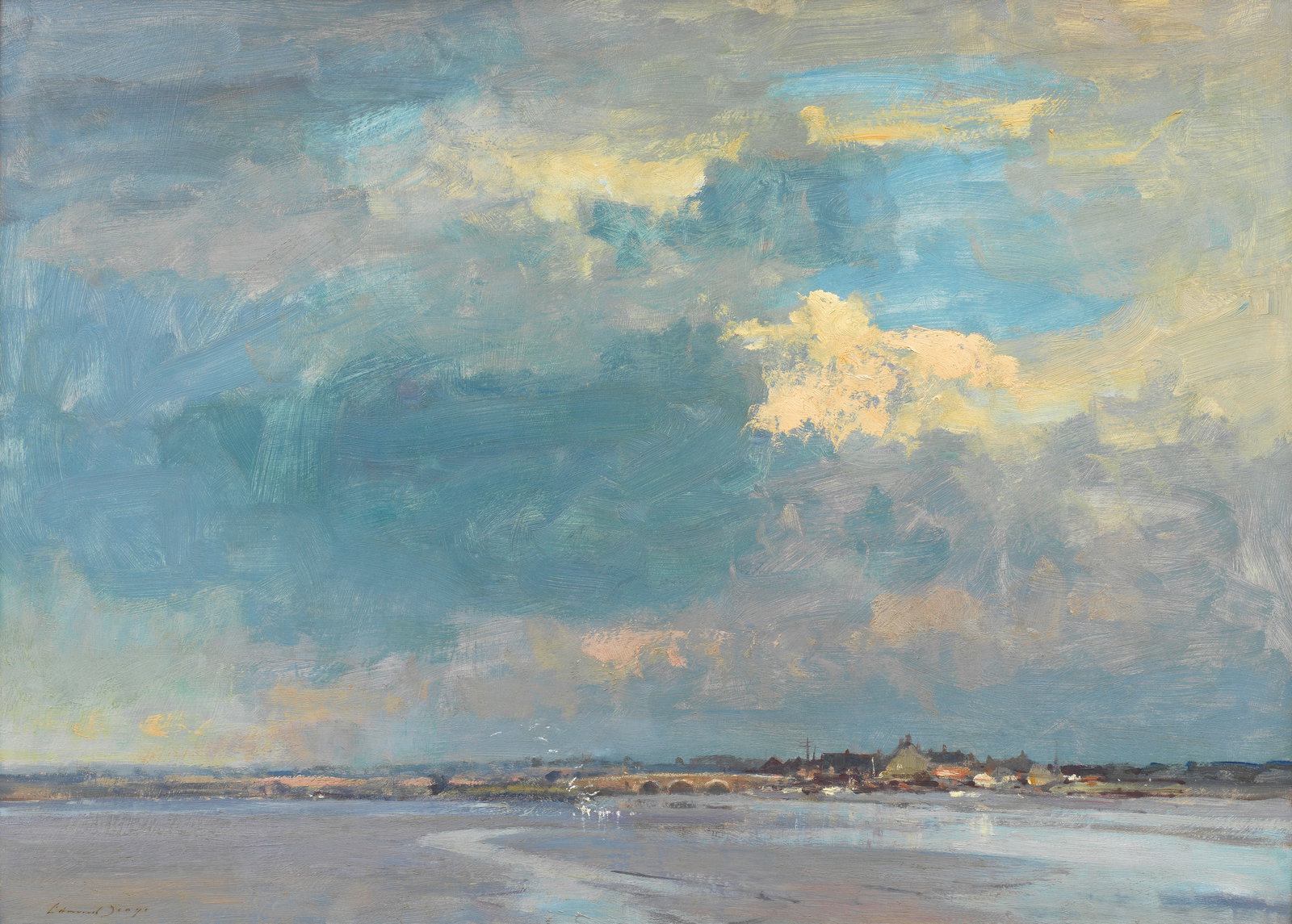 Edward Seago, RWS, RBA (British, 1910-1974) Low Water, Manningtree, Essex: Edward Seago, RWS, RBA (British, 1910-1974) Low Water, Manningtree, Essex signed 'Edward Seago' (lower left); titled 'LOW WATER, MANNINGTREE-ESSEX' (on the reverse) oil on board 66 x 91.5cm (26 x 36in