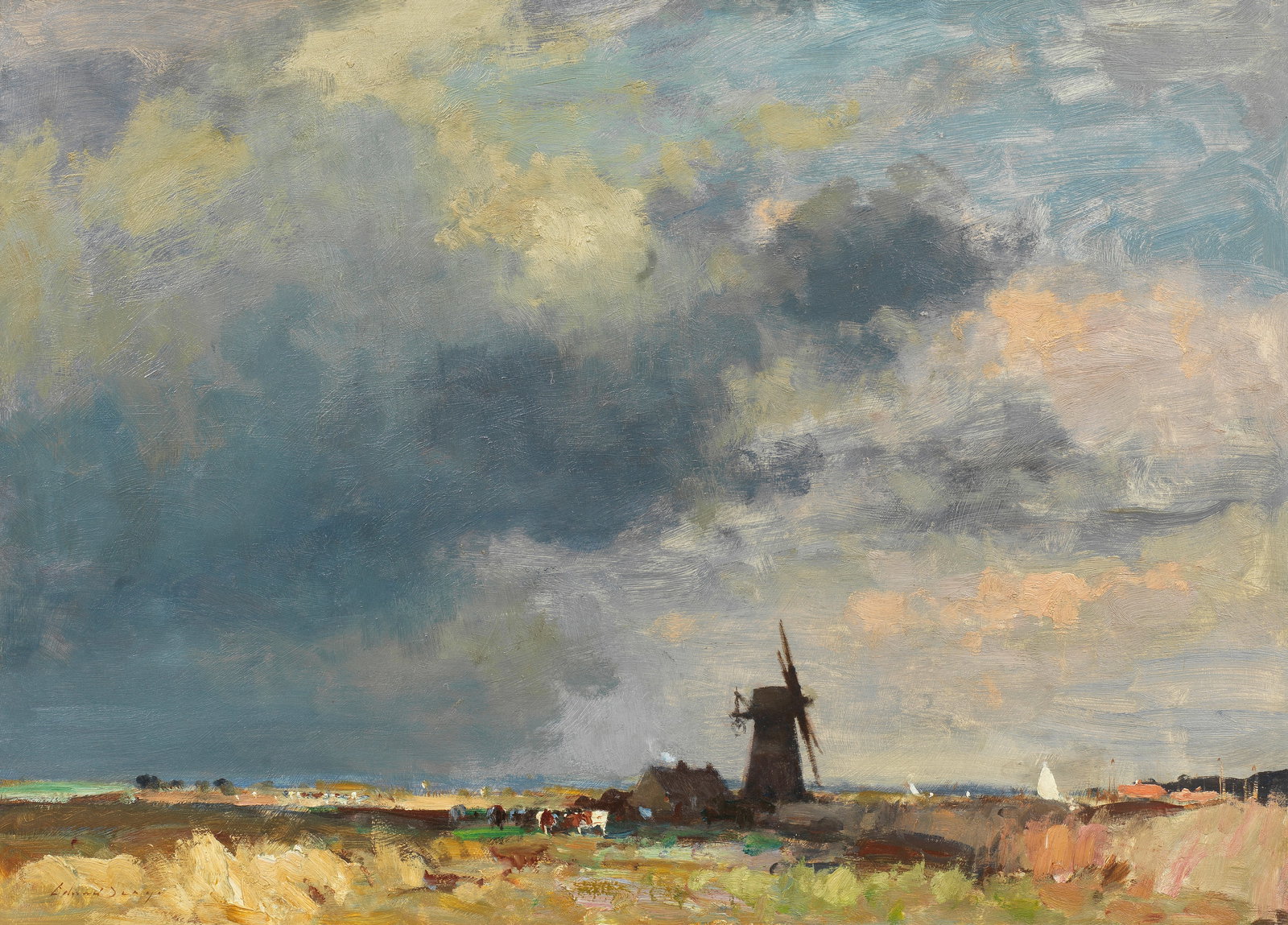 Edward Seago, RWS, RBA (British, 1910-1974) The Marsh Mill: Edward Seago, RWS, RBA (British, 1910-1974) The Marsh Mill signed 'Edward Seago' (lower left); inscribed 'THE MARSH MILL' (on the reverse) oil on board 66 x 92cm (26 x 36 1/4in). Footnotes:
