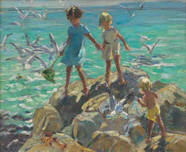 Dorothea Sharp, RBA, ROI (British, 1874-1955) Children and gulls on the rocks: Dorothea Sharp, RBA, ROI (British, 1874-1955) Children and gulls on the rocks oil on board 38.1 x 45.7cm (15 x 18in). Footnotes: Provenance Private collection, UK. This lot is sub