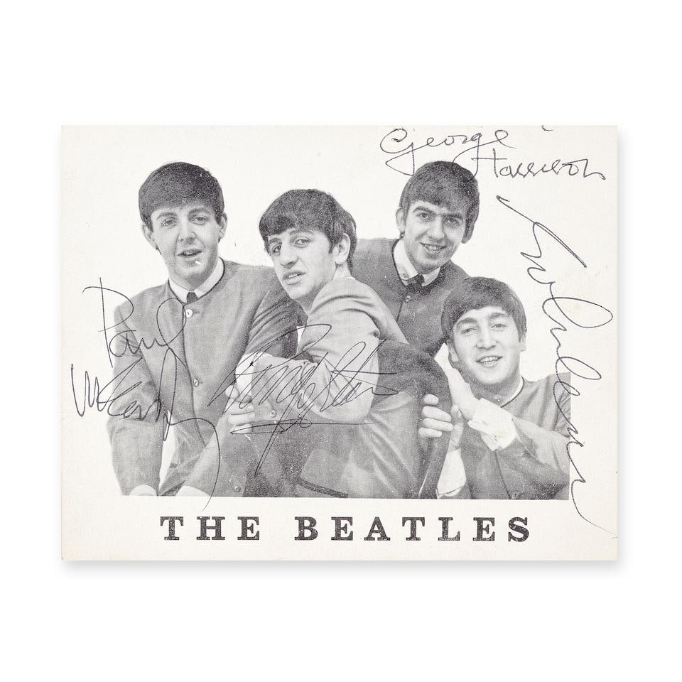 The Beatles: An Autographed Fan Club Card And Related Letter, 1960s,: The Beatles: An Autographed Fan Club Card And Related Letter, 1960s, the card signed on the front in black ballpoint by John Lennon, Paul McCartney, George Harrison and Ringo Starr, the reverse with L