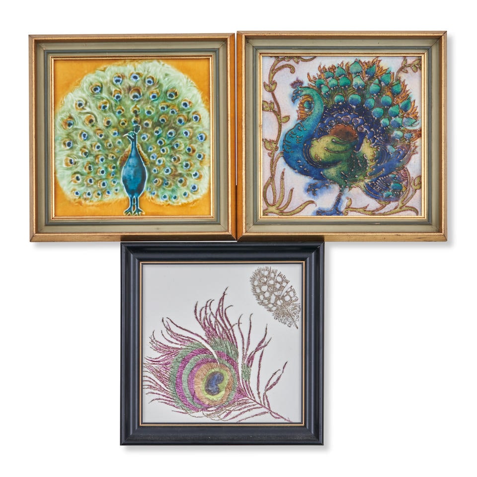 TWO PEACOCK TILES AND A PEACOCK FEATHER TILE peacock with foliage Carter & Co., Poole, c. 1900, ... (1 of 3)