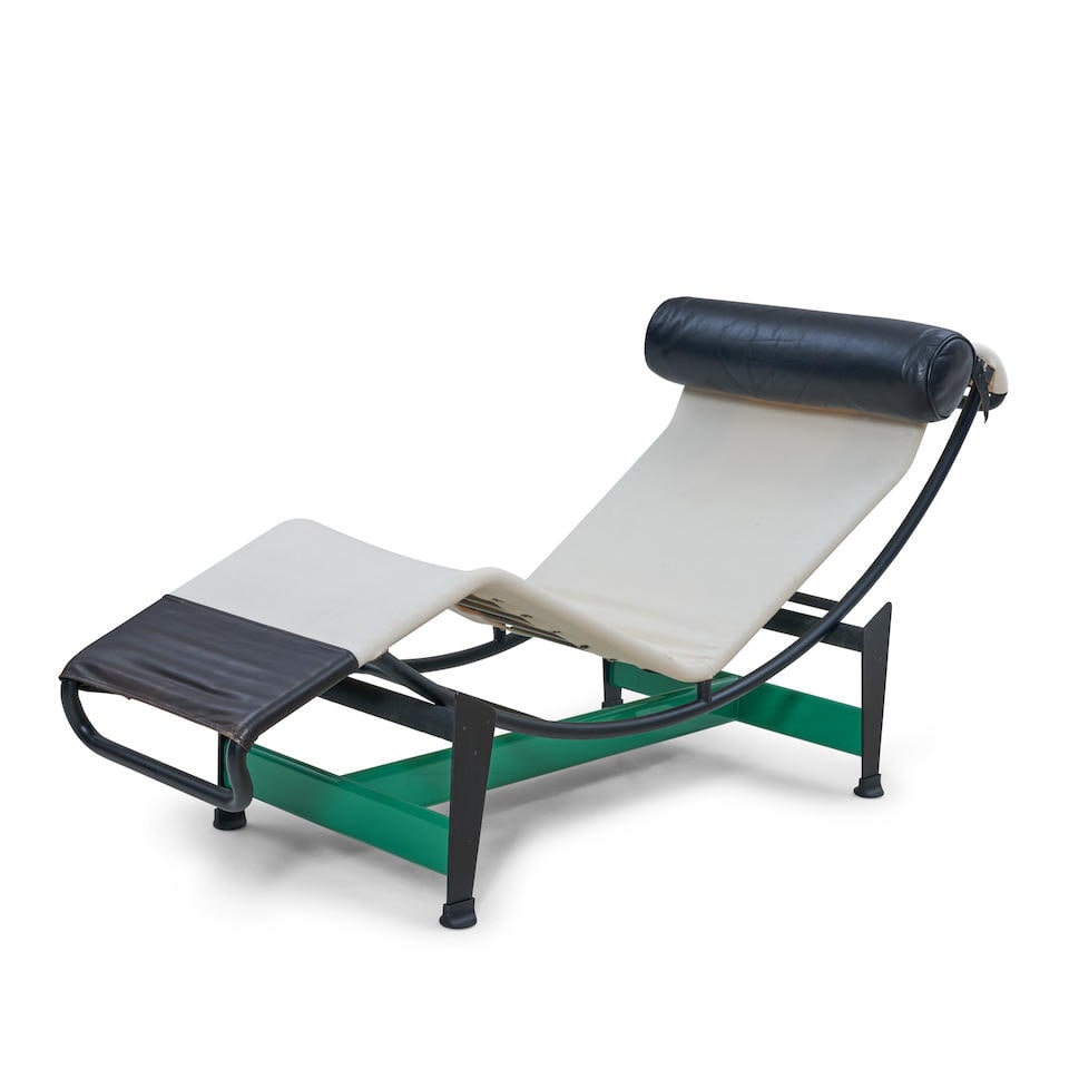 LE CORBUSIER, CHARLOTTE PERRIAND, AND PIERRE JEANNERET 'LC4' CHAISE LOUNGE France, designed 1928...: LE CORBUSIER, CHARLOTTE PERRIAND, AND PIERRE JEANNERET 'LC4' CHAISE LOUNGE France, designed 1928, late 20th century production by Cassina, enameled steel, canvas, leather, rubber, stamped mark 'LC4 22
