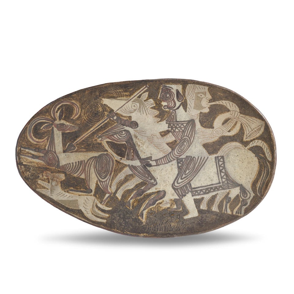 JEAN DERVAL (1925-2010) CERAMIC CENTER BOWL Vallauris, France, c. 1955, depicting a hunting scen... (1 of 3)