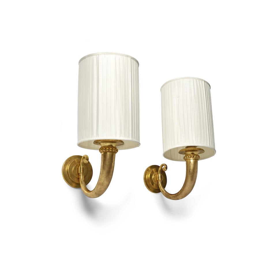 PAIR OF JEAN PASCAUD (1903-1996) WALL LIGHTS 20th century, gilt bronze, silk shades, ht. 18, dia...: PAIR OF JEAN PASCAUD (1903-1996) WALL LIGHTS 20th century, gilt bronze, silk shades, ht. 18, dia. 7 3/4 in. For further information on this lot please visit Bonhams.com For further information about t