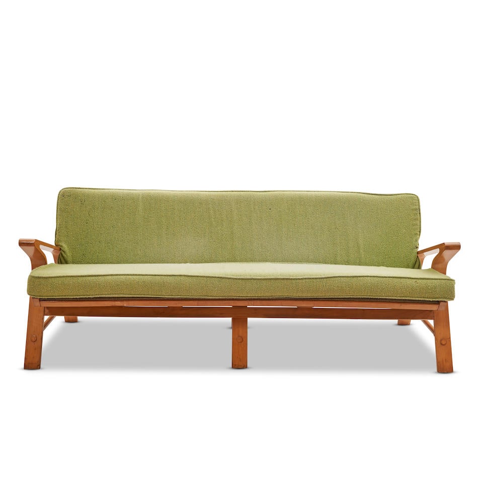 MID-CENTURY MODERN SOFA c. 1950, bent and turned birch, upholstery, unmarked, ht. 34, seat ht. 1...: MID-CENTURY MODERN SOFA c. 1950, bent and turned birch, upholstery, unmarked, ht. 34, seat ht. 18 1/2, wd. 78 1/2, dp. 29 in. For further information on this lot please visit Bonhams.com For further i