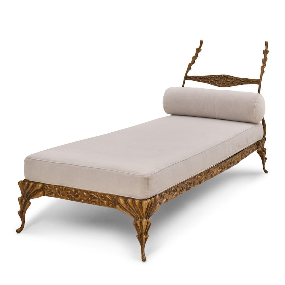 FRANCK EVENNOU-STYLE CHAISE LOUNGE c. 2000, patinated brass, upholstery, unmarked, bolster and t...: FRANCK EVENNOU-STYLE CHAISE LOUNGE c. 2000, patinated brass, upholstery, unmarked, bolster and two throw pillows, ht. 41, wd. 32, mattress 73 x 29 1/2, total lg. 91 in. For further information on this